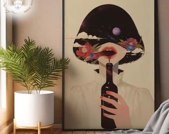 Surreal Woman Portrait Art Print, Modern Abstract Illustration, Cosmic Floral Wall Art, Digital Download