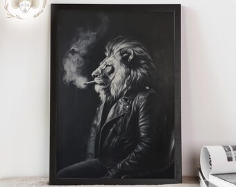 Cool Lion Smoking Art Print | Black & White Modern Animal Portrait | Wall Art Poster | Edgy Wall Decor | Digital Download