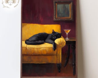 Black Cat Art Print: Moody Cat on Yellow Sofa (Digital Download)