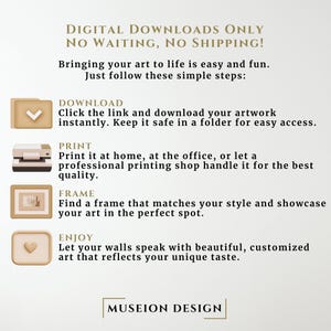 May include: A graphic with instructions on how to download, print, frame, and enjoy digital artwork. The text reads "Digital Downloads Only, No Waiting, No Shipping!" and "Bringing your art to life is easy and fun. Just follow these simple steps: Download, Print, Frame, Enjoy".