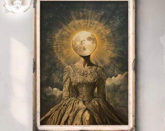 Moon Goddess Wall Art | Mystical Celestial Portrait Print | Fantasy Sunburst Artwork | Vertical Digital Download