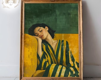 Abstract Woman Portrait Print: Green Yellow Vintage Wall Art (Digital Download)