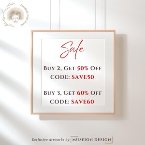 May include: A framed poster with a red sale announcement. The text reads "Safe" in cursive, "BUY 2, GET 50% OFF CODE: SAVE50", and "BUY 3, GET 60% OFF CODE: SAVE60". The poster also includes the text "Exclusive Artworks by MUSEION DESIGN".