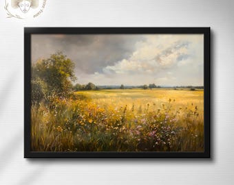 Wildflower Field Landscape Print: Vintage Countryside Oil Painting (Digital Download)