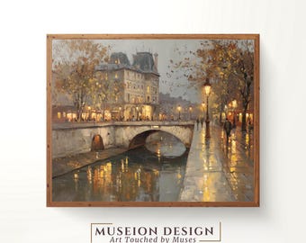Paris Rainy City Art Print, Moody Bridge Wall Art, European Cityscape Decor, Digital Download