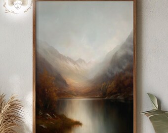 Vintage Mountain Landscape, Autumn Lake Digital Download, Rustic Home Decor, Printable Fall Wall Art