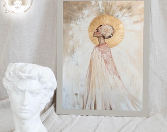 Celestial Goddess Portrait: Gold Halo Abstract Art (Digital Download)