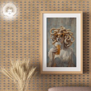 Greek goddess Medusa depicted in a modern artistic style, featuring muted neutral colors, vintage textures, and an ironic expression.