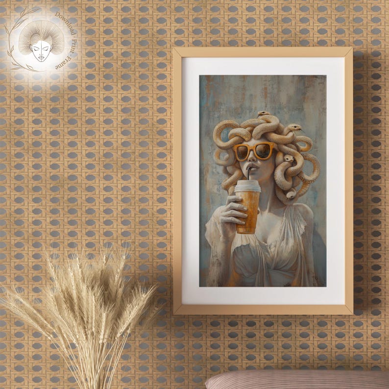 Greek goddess Medusa depicted in a modern artistic style, featuring muted neutral colors, vintage textures, and an ironic expression.