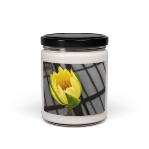 Soy Candle apple harvest scent Modern Yellow Water Lily Photo Flower Scented Candle, Home Gift Decor, Unique Candle Gift