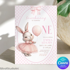 Osterhase erste Geburtstagseinladung | Irgendein Hase dreht sich ein | 1. Geburtstag einladen | Bearbeitbare Canva Vorlage | Süßer Hase auf einer Postkarte