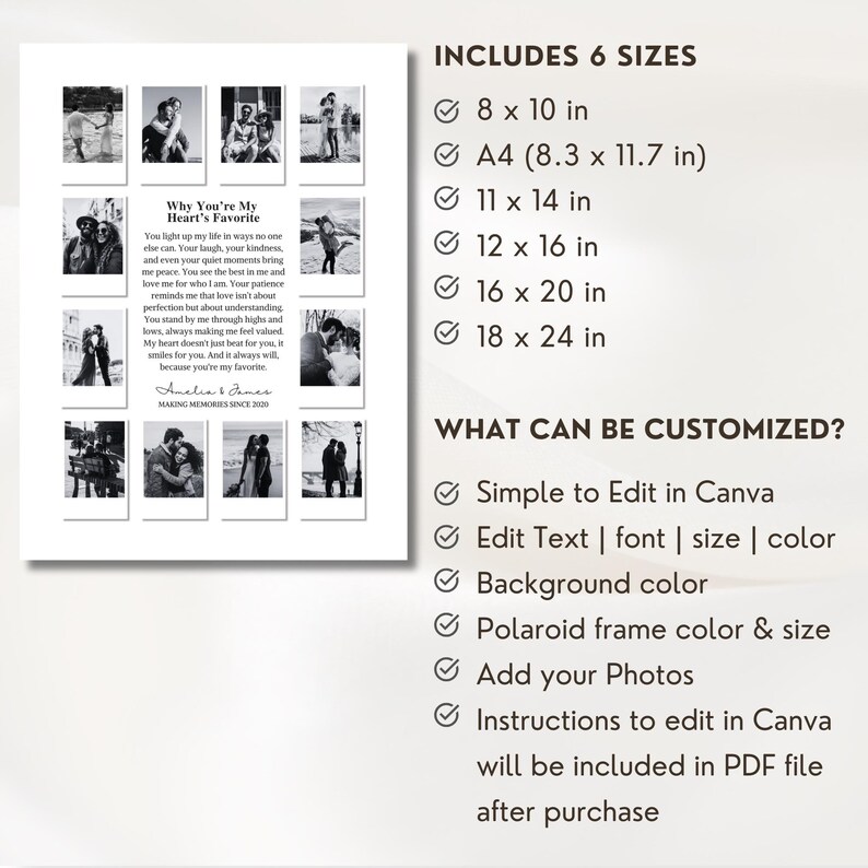 Custom Polaroid Photo Frame Anniversary Template, 1 Year Anniversary Gift for him and her, Valentines Day Gift, Printable Canva Template, Why you are My heart favorite, Editable Personalized Anniversary girlfriend Gift, DIY Love Story Photo Frame