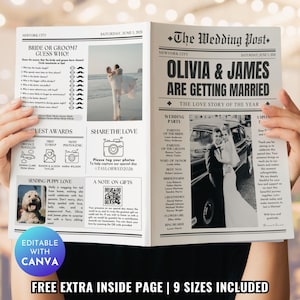 Wedding Newspaper Program Template: Editable Itinerary with Photo (Digital Download, Canva Template)