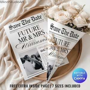 Plantilla de periódico para anunciar compromisos / Periódico para reservar la fecha / Anuncio de boda editable / Futuros esposos / Plantilla de Canva