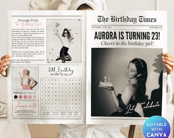 Birthday Newspaper Template Canva | The Birthday Times Large Newspaper | Photoshoot Birthday Party Invite | Birthday Photography Editable_02