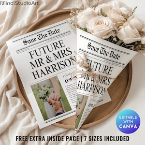 Plantilla de periódico para guardar la fecha / Anuncio de compromiso / Anuncio de boda editable / Futuros esposos / Plantilla Canva_04