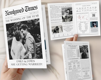 Wedding Newspaper Template with Photo: Editable Itinerary (Digital Download, Canva Edit)