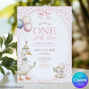 One Silly Goose 1st Birthday Invitation | Vintage Pink Floral Geese First Birthday Invite | Editable Canva Template | Instant Download