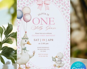 Silly Goose 1st Birthday Invitation: Pink Floral, Editable Canva Template (Digital Download)