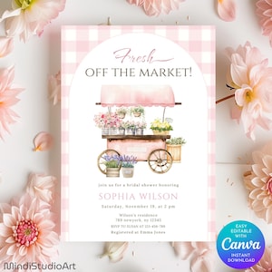 Fresh Off the market Bridal Shower Invitation | Farmer&#39;s Market Bridal Shower Invite | Editable Canva Template | Spring Floral Garden Party