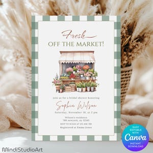 Fresh Off the market Bridal Shower Invitation | Farmer&#39;s Market Bridal Shower Invite | Editable Canva Template | Spring Floral Garden Party