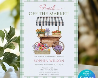Fresh Off the market Bridal Shower Invitation | Farmer&#39;s Market Bridal Shower Invite | Editable Canva Template | Spring Floral Garden Party