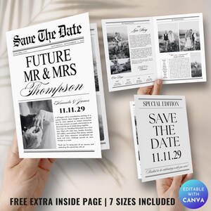 セーブ・ザ・デートの新聞 | 婚約発表の新聞テンプレート | 編集可能な結婚発表 | 未来の夫婦 | Canvaテンプレート