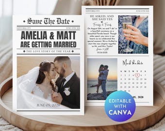 Zeitung Save the Date Template: Verlobungsanzeige (Canva Editierbar)