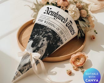 Wedding Newspaper Template with Photo: Editable DIY Itinerary (Digital Download, Canva Template)