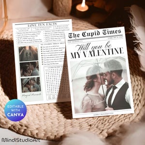 Periódico Cupid Times para el día de San Valentín / Tarjeta de Canva editable / ¿Quieres ser mi Valentín? / Envoltorio de flores imprimible / Plantilla de periódico personalizada