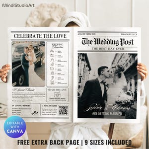 Plantilla de periódico de boda con foto / The Wedding Post / Itinerario de periódico editable / Tarjeta de programa de boda DIY / Periódico de boda Canva