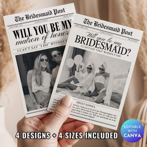 以下が含まれることがあります： 「Will You Be My Matron of Honor」と「Will You Be My Bridesmaid?」というテキストが入った、白黒の新聞スタイルのカードが2枚。カードには女性の写真が掲載されており、「I Can't Say 'I Do' Without You」というテキストも含まれています。