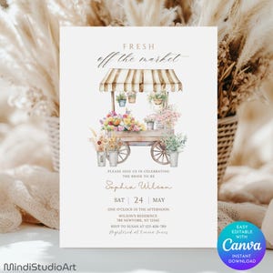 Fresh Off the market Bridal Shower Invitation | Farmer&#39;s Market Bridal Shower Invite | Editable Canva Template | Spring Floral Garden Party