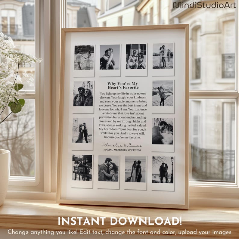Custom Polaroid Photo Frame Anniversary Template, 1 Year Anniversary Gift for him and her, Valentines Day Gift, Printable Canva Template, Why you are My heart favorite, Editable Personalized Anniversary girlfriend Gift, DIY Love Story Photo Frame