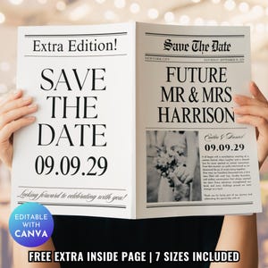Op de afbeelding: Een trouwadvertentie in krantenstijl met de kop "Save The Date" en de datum 09.09.29. Op de rechterpagina staat "Future Mr & Mrs Harrison" met een foto en extra tekst. De aankondiging wordt door een persoon vastgehouden.