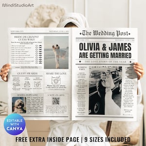 Wedding Newspaper Program Template: Editable Itinerary with Photo (Digital Download, Canva Template)