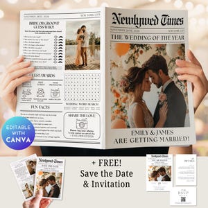 May include: A wedding announcement in the style of a newspaper, with a photo of the couple and the text "Emily & James are getting married!" The announcement includes a wedding word search, fun facts, and a section for guests to share photos.