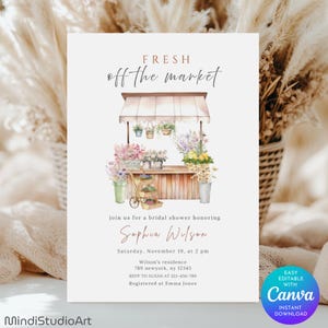 Fresh Off the market Bridal Shower Invitation | Farmer&#39;s Market Bridal Shower Invite | Editable Canva Template | Spring Floral Garden Party