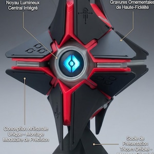 May include: A black and red Destiny 2 Armory Forged Ghost Shell model. The collectible features a glowing blue core, ornamental engravings, and a unique modular design. It sits on a black base with the Destiny 2 logo.