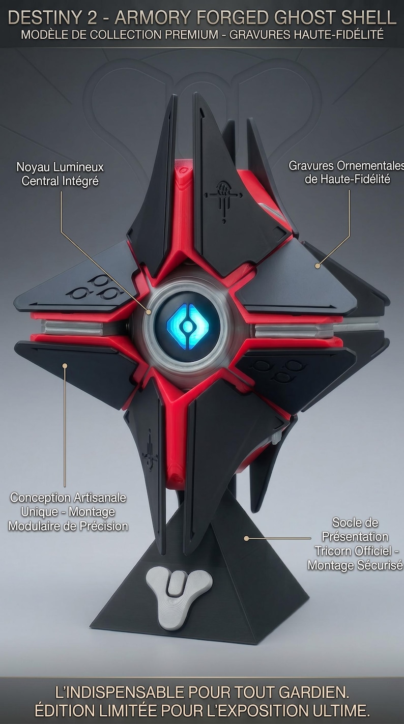May include: A black and red Destiny 2 Armory Forged Ghost Shell model. The collectible features a glowing blue core, ornamental engravings, and a unique modular design. It sits on a black base with the Destiny 2 logo.