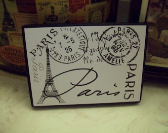 Eiffel Tower Paris Sign: Postage Stamp Style, Tiered Tray Decor
