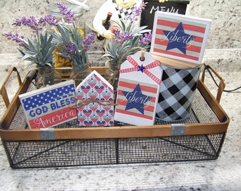 God Bless America sign, 4th of July decor, Tiered tray decor, Patriotic signs, Americana decor, Red White and Blue