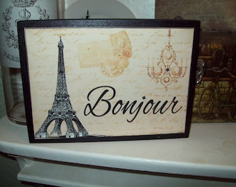 Bonjour Eiffel Tower sign, Paris decor, Tired Tray decor, Paris bedroom decor, French bedroom, Bathroom decor