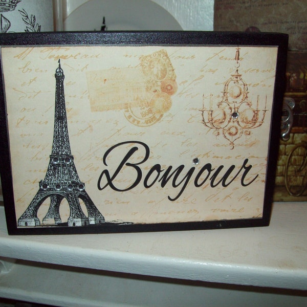 Bonjour Eiffel Tower sign, Paris decor, Tired Tray decor, Paris bedroom decor, French bedroom, Bathroom decor