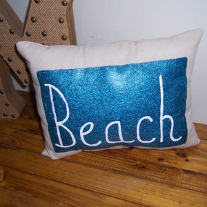 Small Beach Pillow: Glitter Painted Coastal Decor