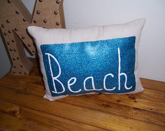 Small Beach Pillow: Glitter Painted Coastal Decor
