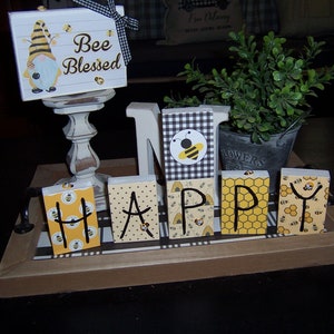 Bee Happy sign, Tiered tray decor, Farmhouse bee decor, Summer decor,  Bee signs