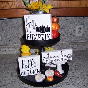 Hello Pumpkin sign, Tiered tray decor, Pumpkin decor, Fall signs, Farmhouse decor