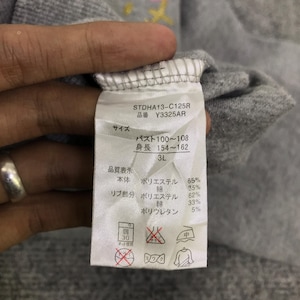 May include: Close-up of a gray garment tag with Japanese text. The tag includes details like "STDHA13-C125R" and fabric composition percentages. The tag is held by a hand, with a silver ring visible.