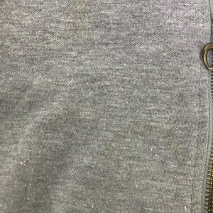 May include: Close-up of a heather gray fabric with a visible texture. A gold-colored zipper is on the right side of the image. The fabric appears to be a soft knit material, possibly from a sweatshirt or similar garment.